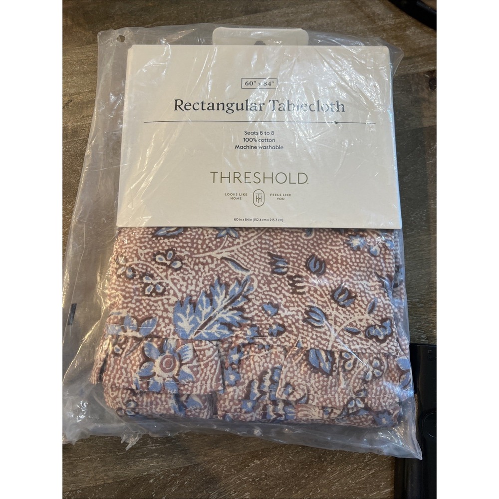 Threshold Rectangular 60" X 84" Tablecloth Brown & Blue NEW